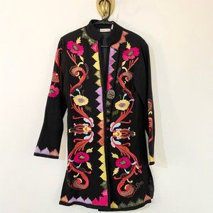 Embroidered open front long jacket